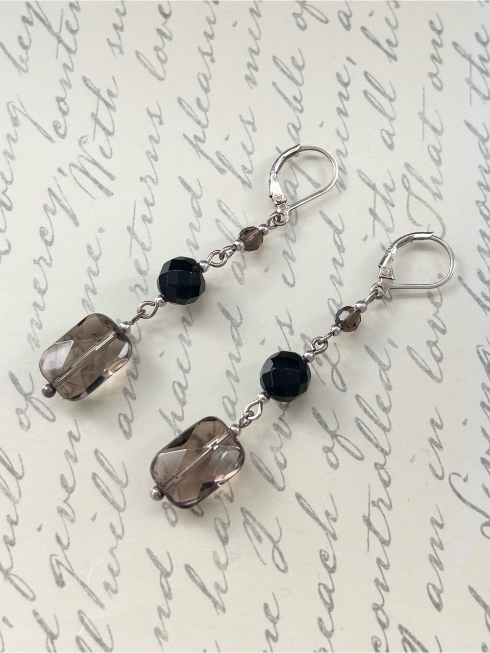 Sterling Silver Faceted Smoky Quartz & Black Onyx Bead Dangle Earrings